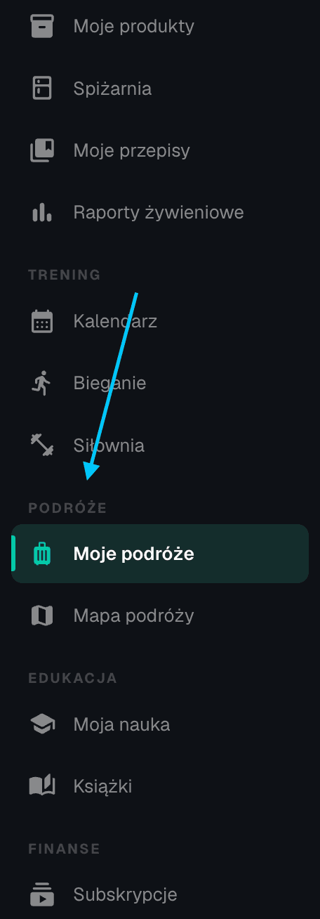 Menu boczne panelu z zaznaczoną pozycją „Moje podróże"